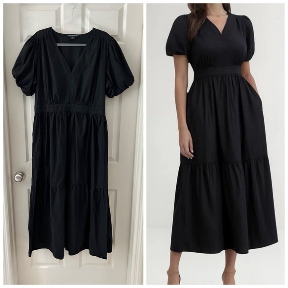 French Connection Dresses & Skirts - French Connection Black Poplin Puff Sleeve Tiered Midi Dress Cottagecore